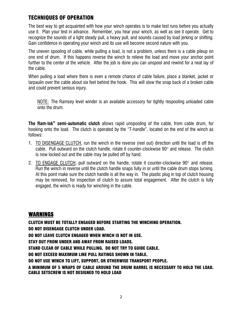 Techniques of operation, Warnings | Ramsey Winch HDGY-350R W/4.5 CID MOTOR User Manual | Page 4 / 20