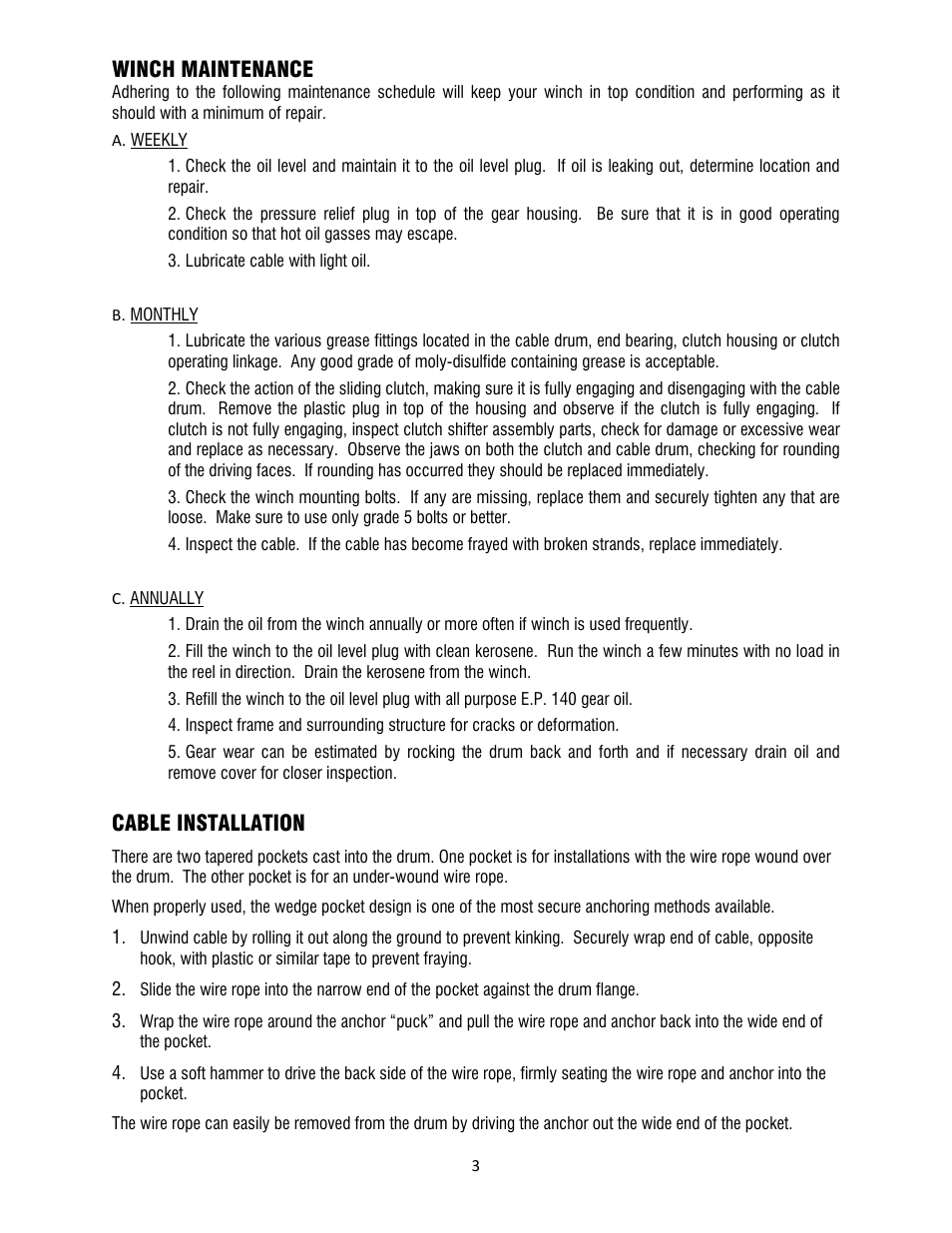 Winch maintenance, Cable installation | Ramsey Winch HDGY-350R W/4.5 CID MOTOR User Manual | Page 5 / 20