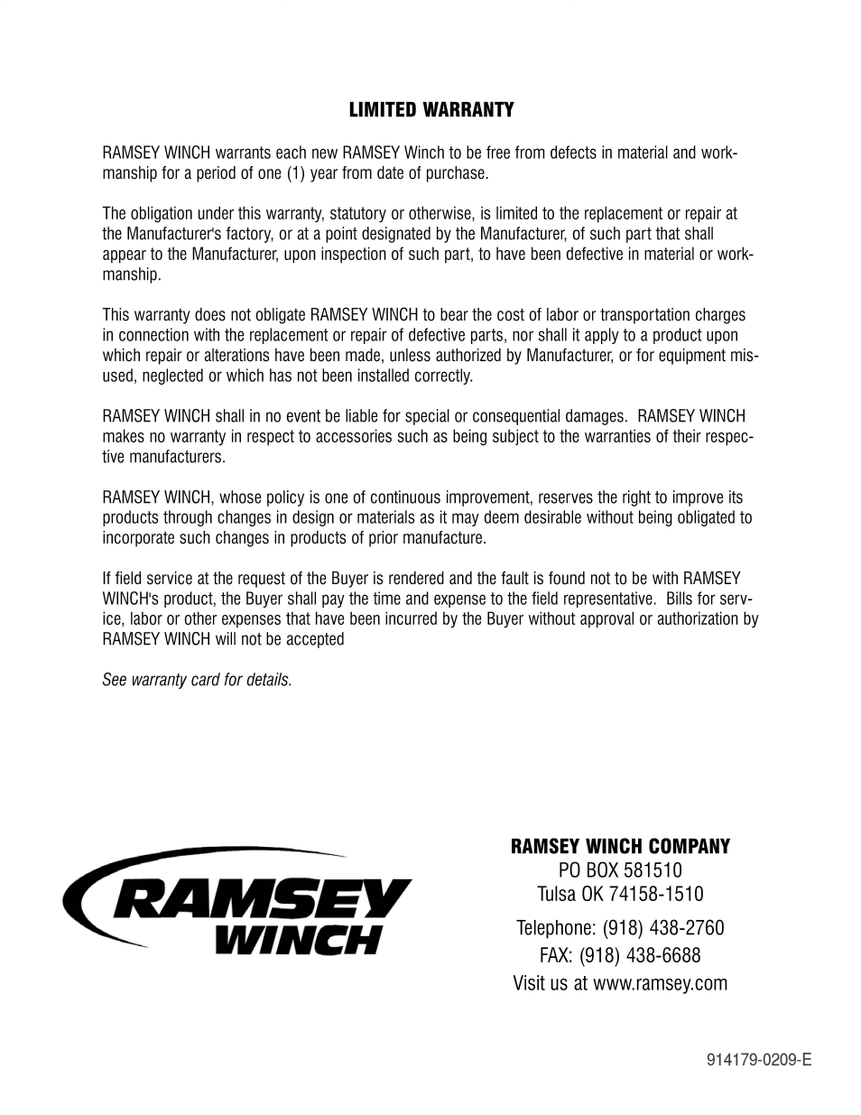 Ramsey Winch HD-P10000 User Manual | Page 24 / 24