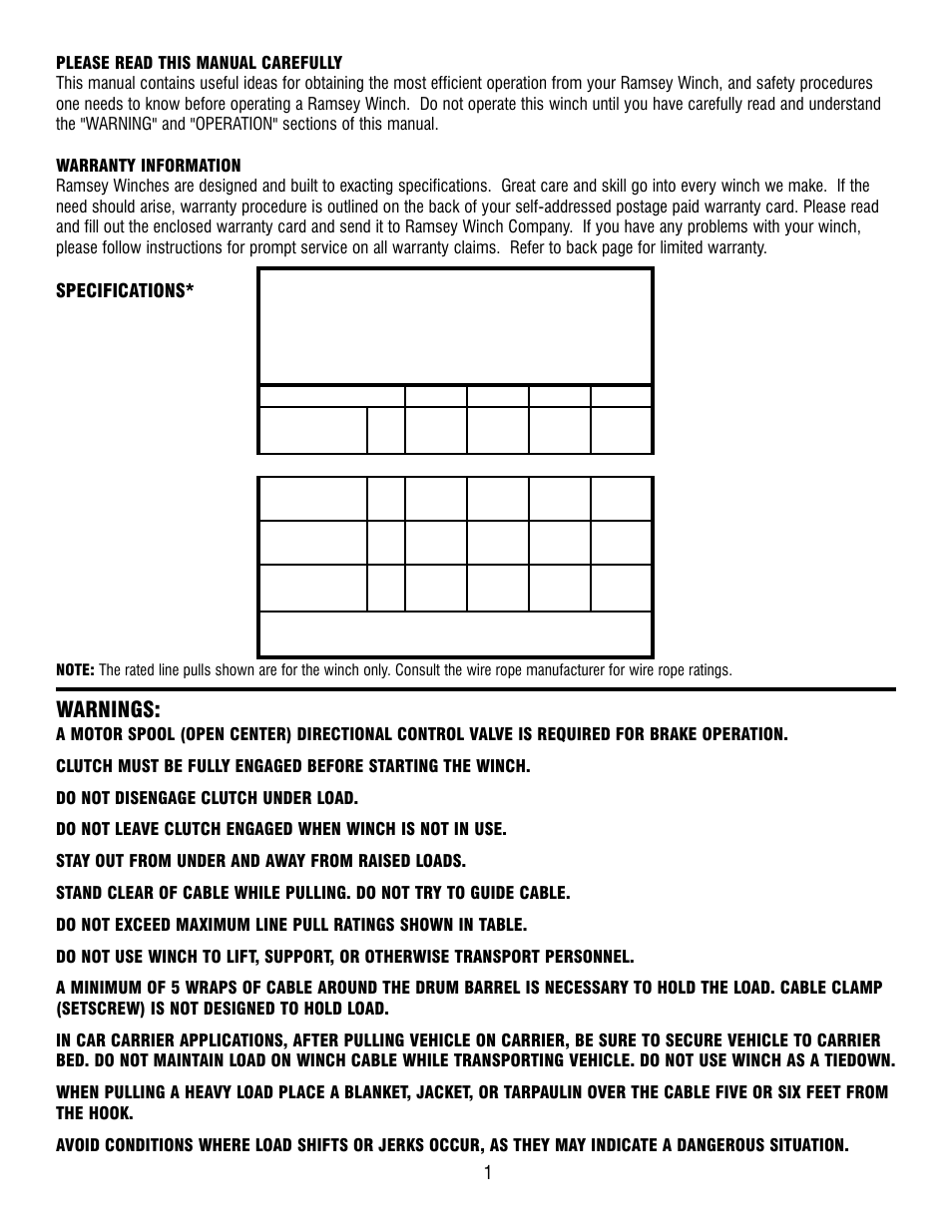 Warnings, Specifications | Ramsey Winch HD-P10000 User Manual | Page 3 / 24