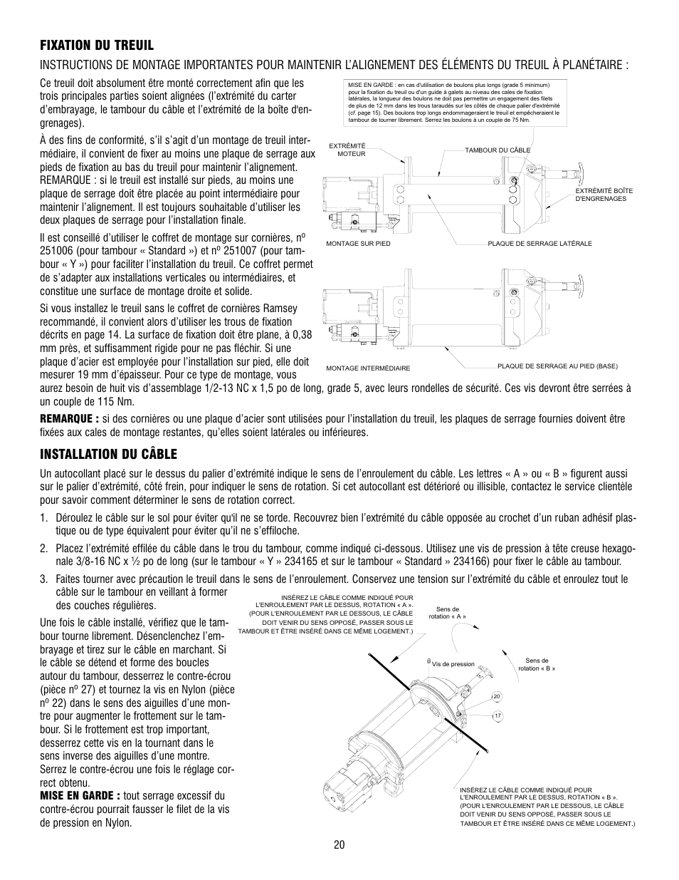 Fixation du treuil, Installation du câble | Ramsey Winch HD-P10000 User Manual | Page 20 / 64