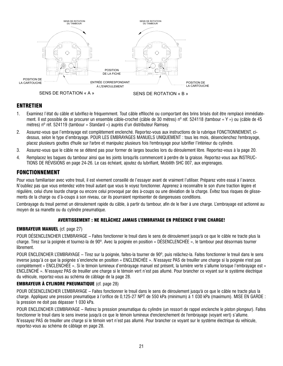 Entretien, Fonctionnement | Ramsey Winch HD-P10000 User Manual | Page 21 / 64