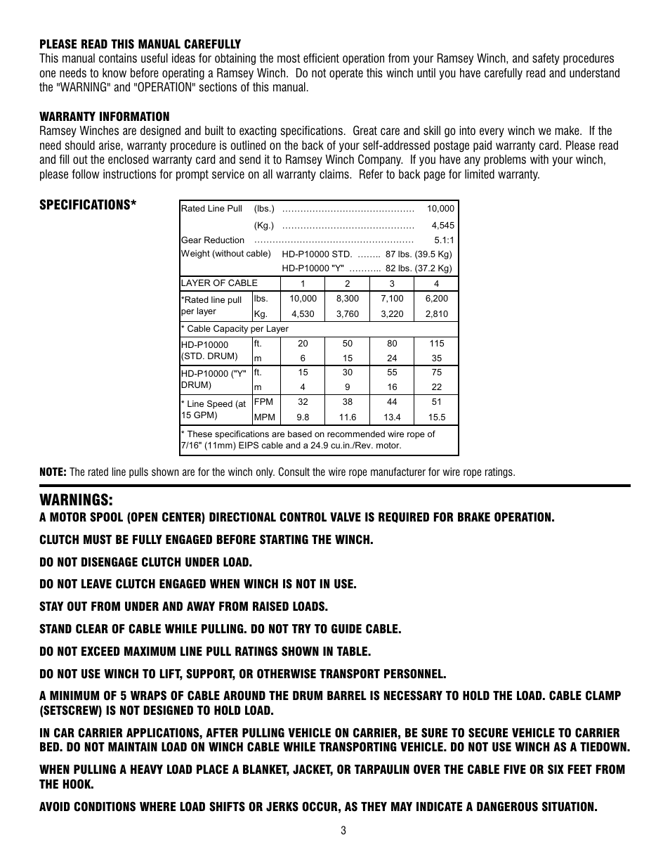 Warnings, Specifications | Ramsey Winch HD-P10000 User Manual | Page 3 / 64