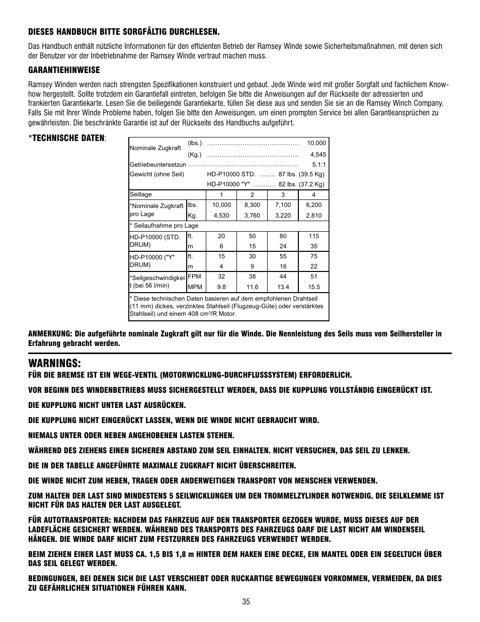 Warnings, Dieses handbuch bitte sorgfältig durchlesen, Garantiehinweise | Technische daten | Ramsey Winch HD-P10000 User Manual | Page 35 / 64