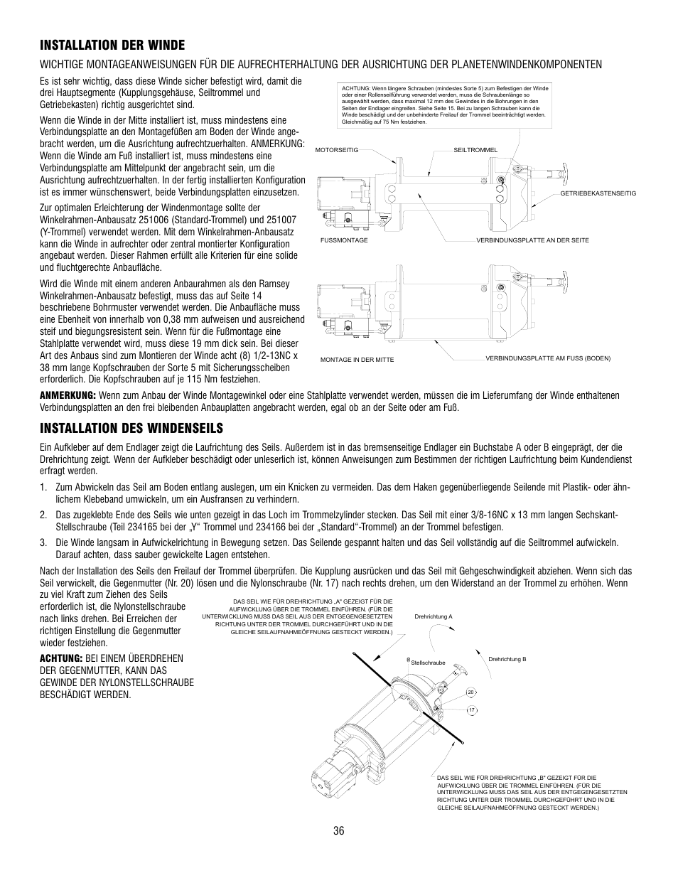 Installation der winde, Installation des windenseils | Ramsey Winch HD-P10000 User Manual | Page 36 / 64