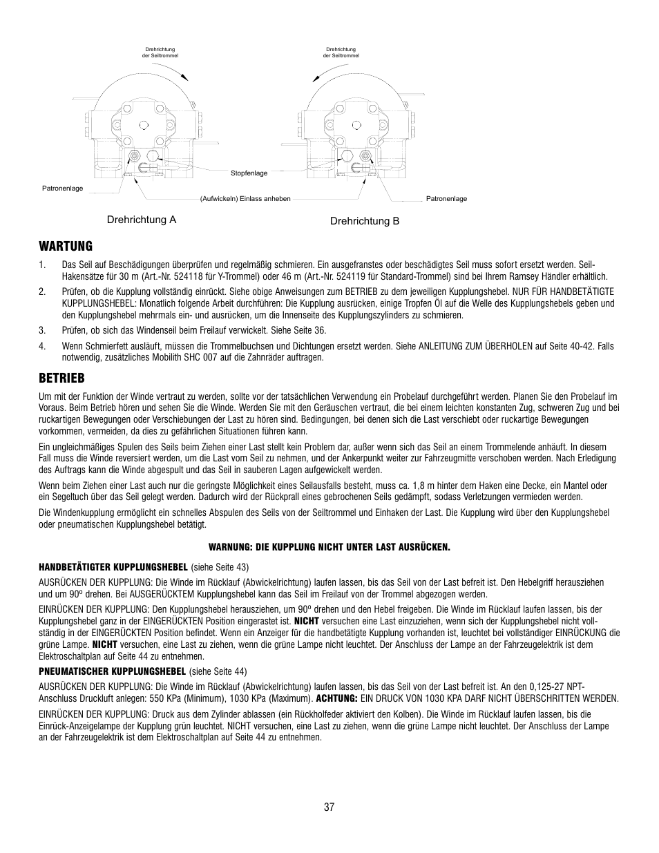 Wartung, Betrieb | Ramsey Winch HD-P10000 User Manual | Page 37 / 64