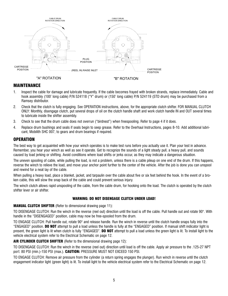 Maintenance, Operation | Ramsey Winch HD-P10000 User Manual | Page 5 / 64