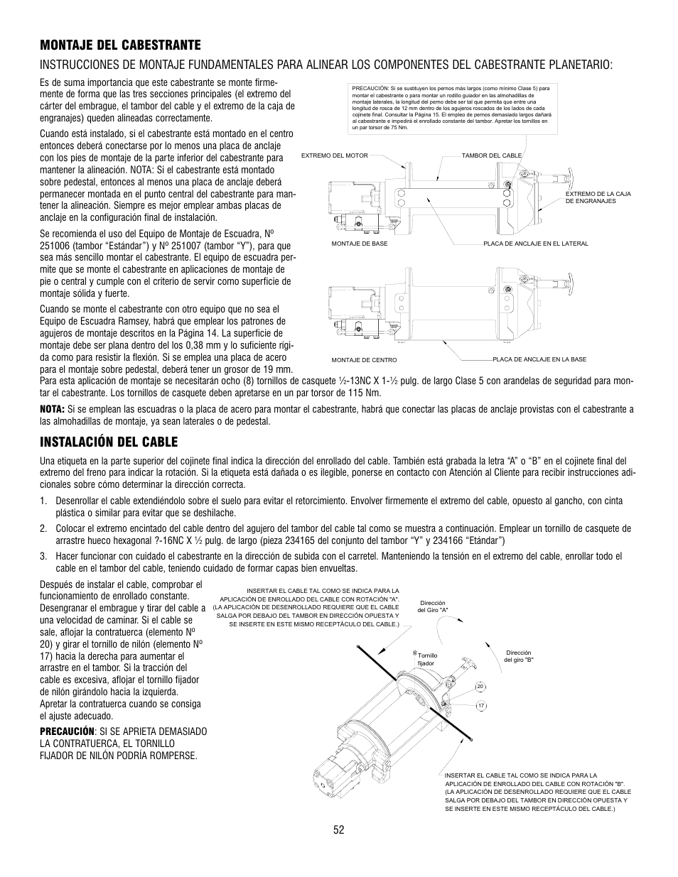 Montaje del cabestrante, Instalación del cable | Ramsey Winch HD-P10000 User Manual | Page 52 / 64