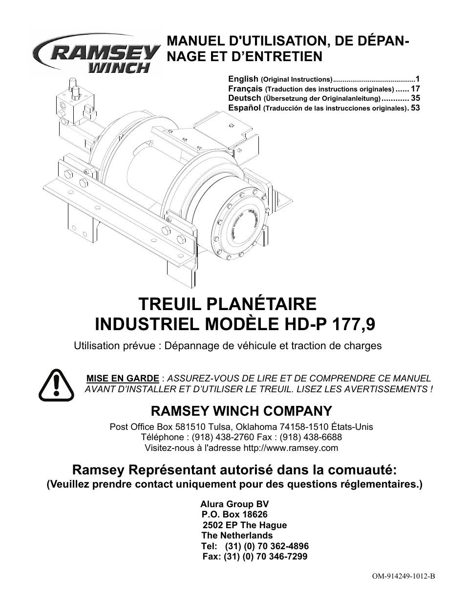 Treuil planétaire industriel modèle hd-p 177,9, Ramsey winch company, Ramsey représentant autorisé dans la comuauté | Ramsey Winch HD-P 177,9 User Manual | Page 20 / 73