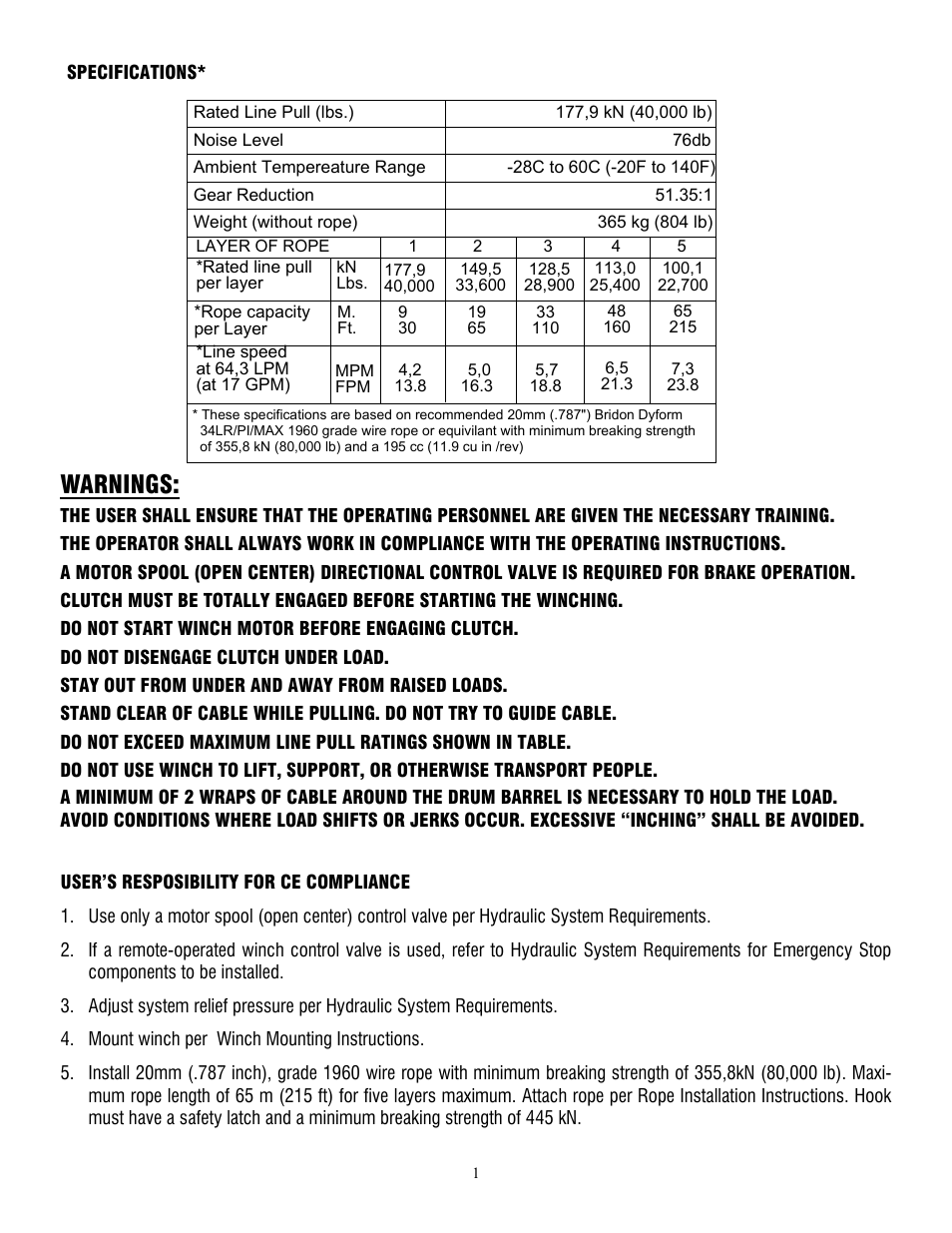 Warnings | Ramsey Winch HD-P 177,9 User Manual | Page 4 / 73