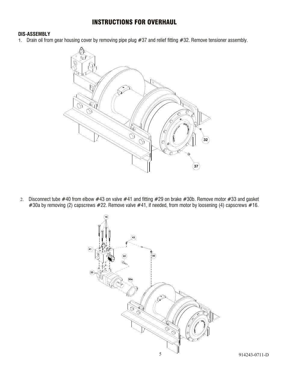 Instructions for overhaul, Dis-assembly | Ramsey Winch HD-P40000 W/TNR & 2 SPEED MOTOR User Manual | Page 7 / 19