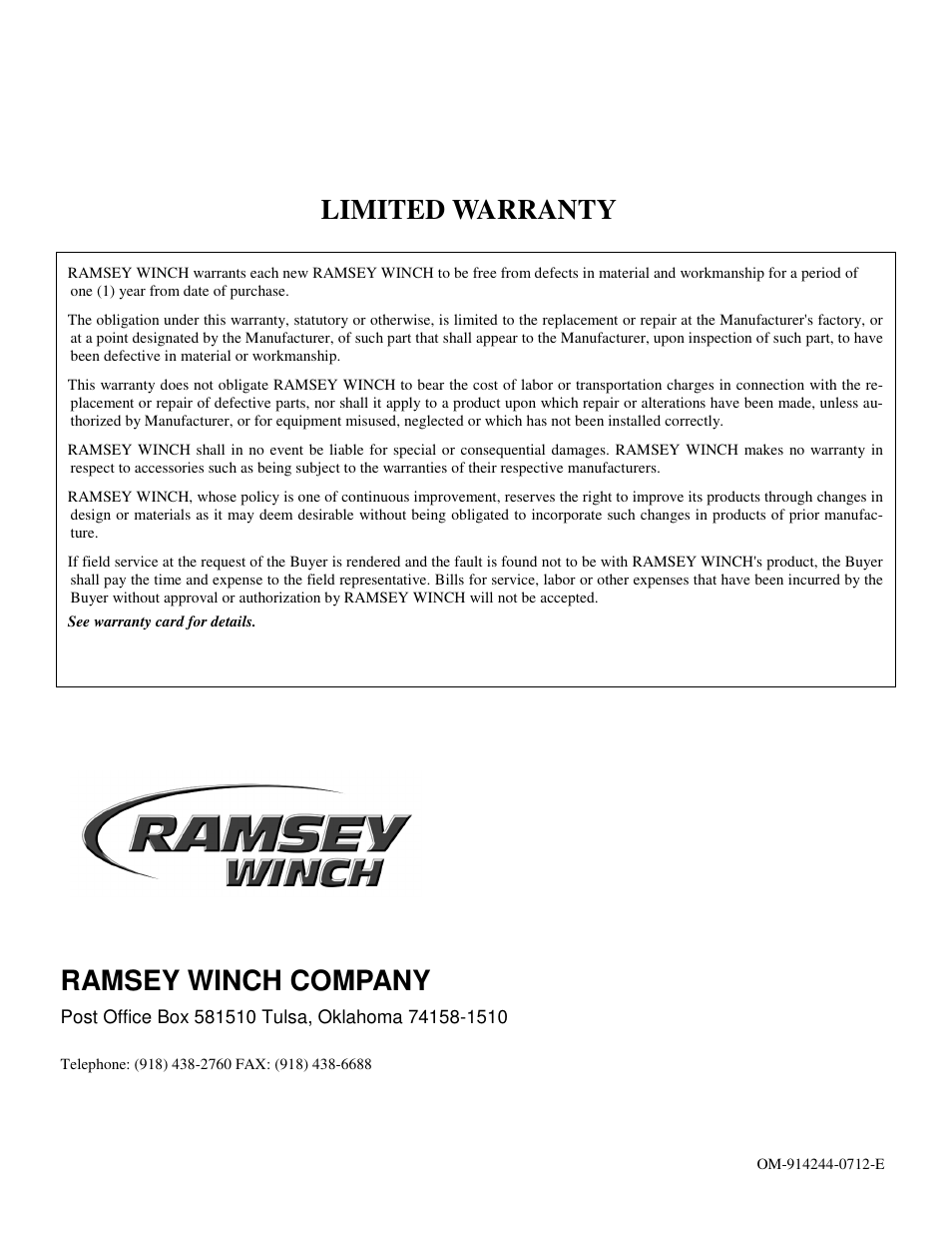 Limited warranty, Ramsey winch company | Ramsey Winch HD-P50000 W/TNR & 2 SPEED MOTOR User Manual | Page 19 / 19