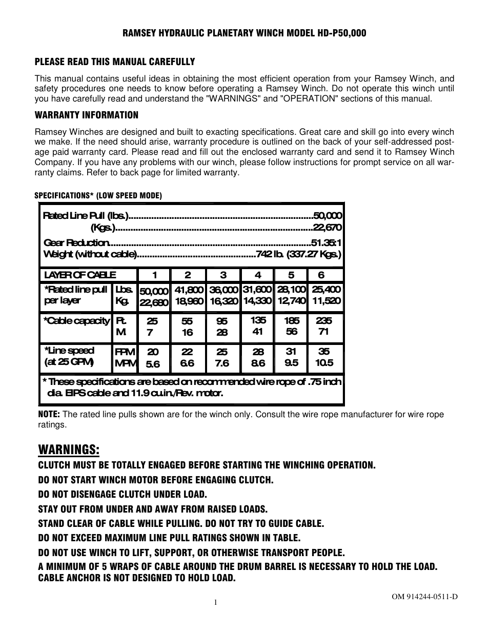 Warnings | Ramsey Winch HD-P50000 W/TNR & 2 SPEED MOTOR User Manual | Page 3 / 19