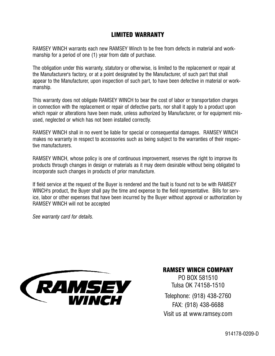 Ramsey Winch HD-P8000 914178-0209 User Manual | Page 24 / 24