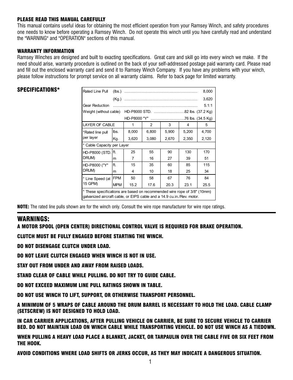 Warnings, Specifications | Ramsey Winch HD-P8000 914178-0209 User Manual | Page 3 / 24