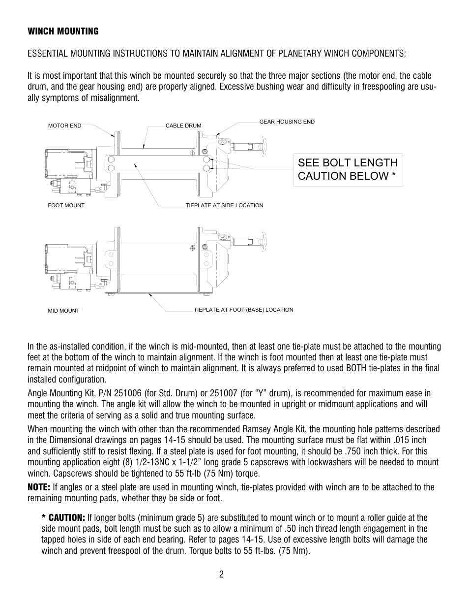 See bolt length caution below | Ramsey Winch HD-P8000 914178-0209 User Manual | Page 4 / 24