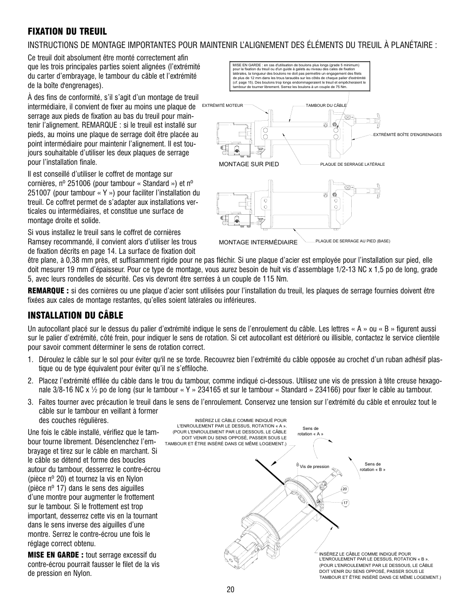 Fixation du treuil, Installation du câble | Ramsey Winch HD-P8000 User Manual | Page 20 / 64