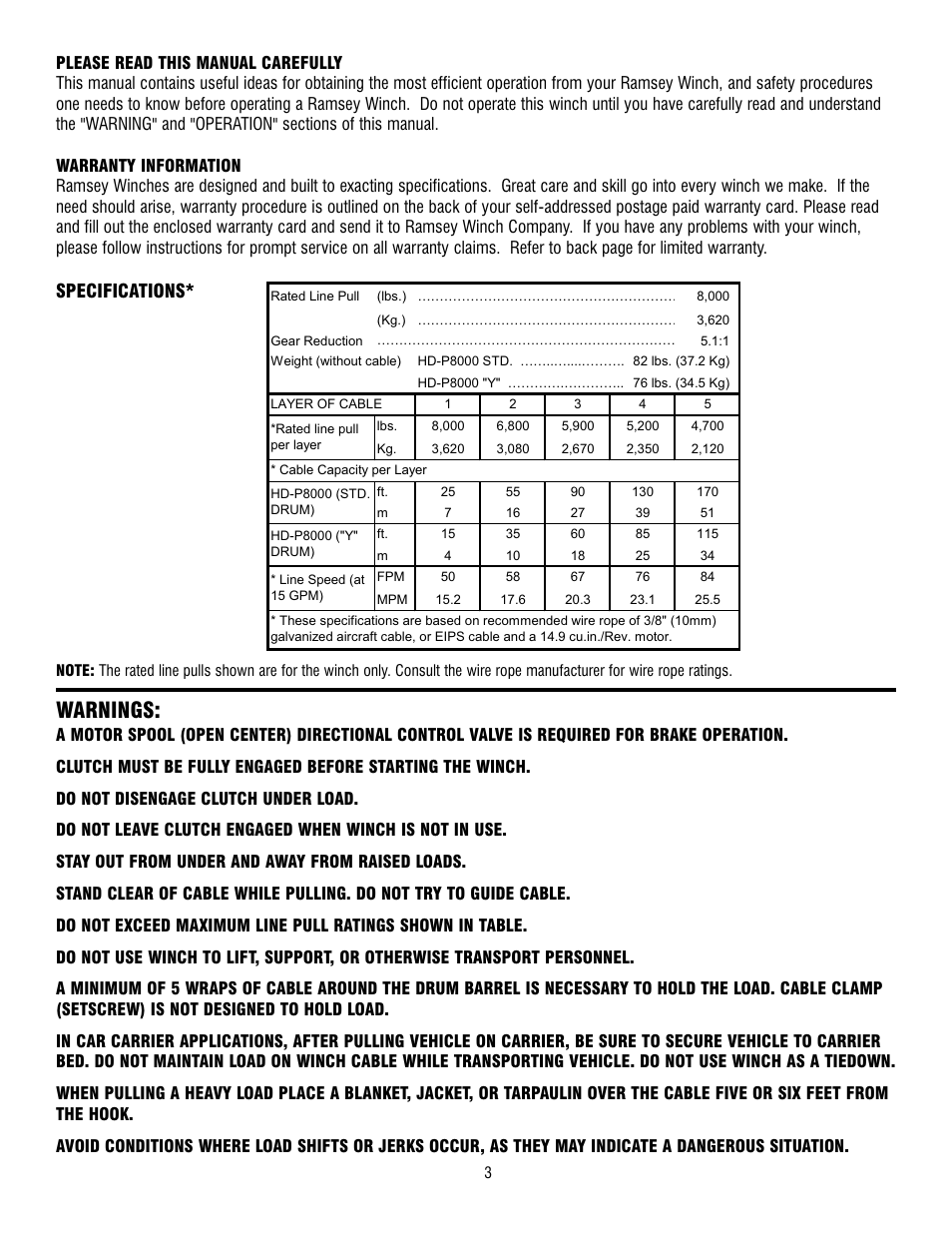 Warnings, Specifications | Ramsey Winch HD-P8000 User Manual | Page 3 / 64