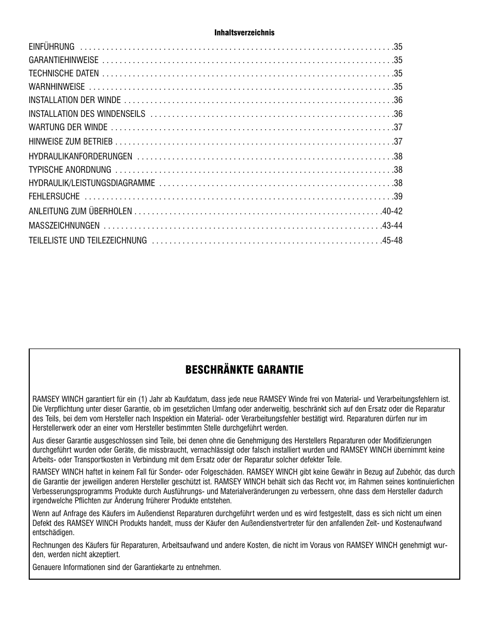 Beschränkte garantie | Ramsey Winch HD-P8000 User Manual | Page 34 / 64