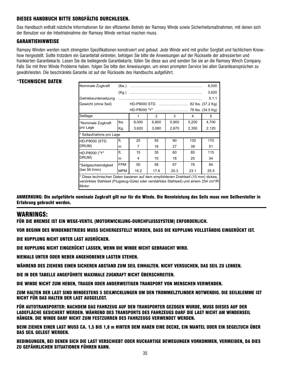 Warnings, Dieses handbuch bitte sorgfältig durchlesen, Garantiehinweise | Technische daten | Ramsey Winch HD-P8000 User Manual | Page 35 / 64