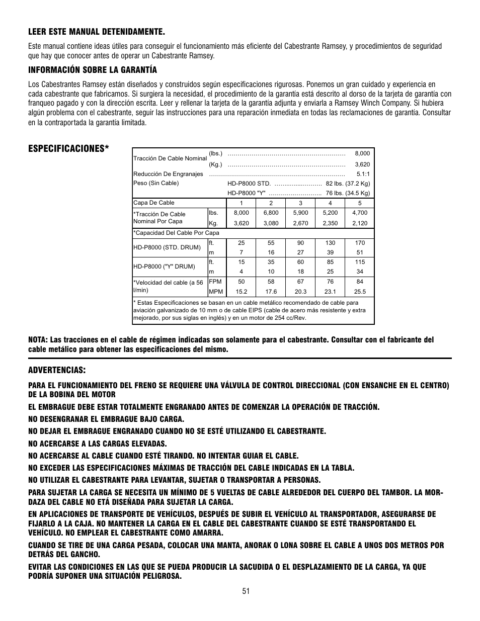 Especificaciones, Leer este manual detenidamente, Información sobre la garantía | Advertencias | Ramsey Winch HD-P8000 User Manual | Page 51 / 64