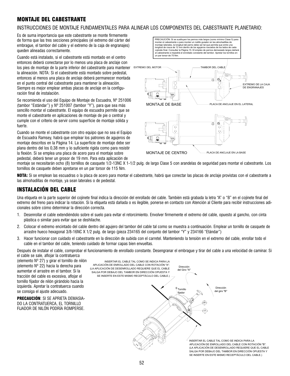 Montaje del cabestrante, Instalación del cable | Ramsey Winch HD-P8000 User Manual | Page 52 / 64