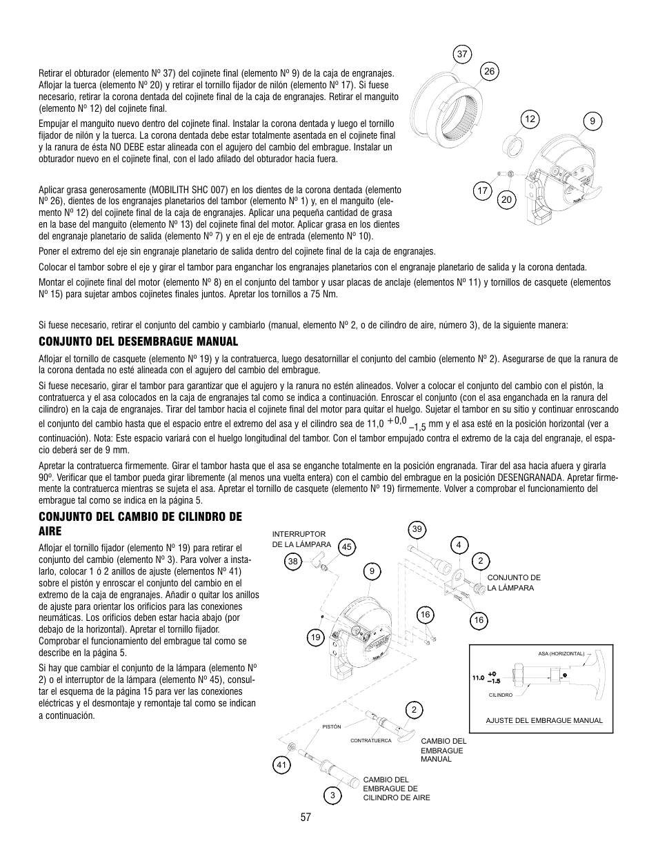 Conjunto del desembrague manual, Conjunto del cambio de cilindro de aire | Ramsey Winch HD-P8000 User Manual | Page 57 / 64