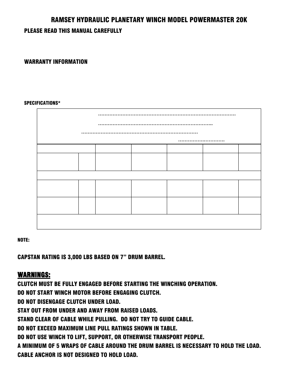 Warnings | Ramsey Winch Powermaster Series 20K Bumper and Winch User Manual | Page 3 / 20