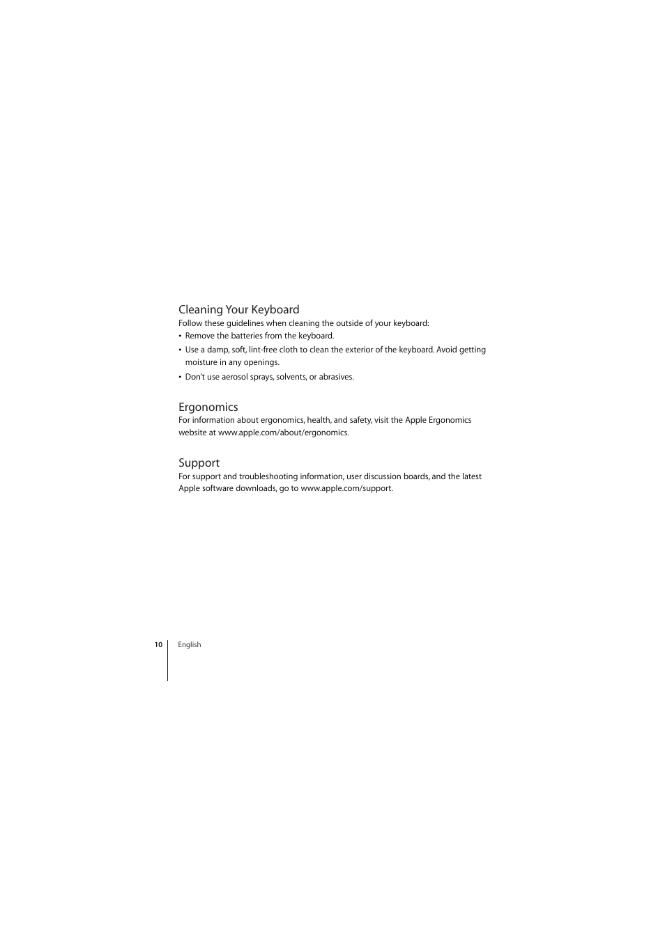 Cleaning your keyboard, Ergonomics, Support | Apple Wireless Keyboard (2009) User Manual | Page 10 / 44