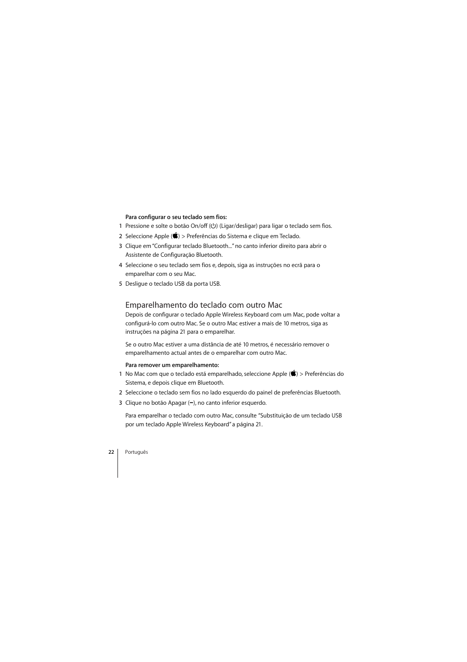 Emparelhamento do teclado com outro mac | Apple Wireless Keyboard (2009) User Manual | Page 22 / 44