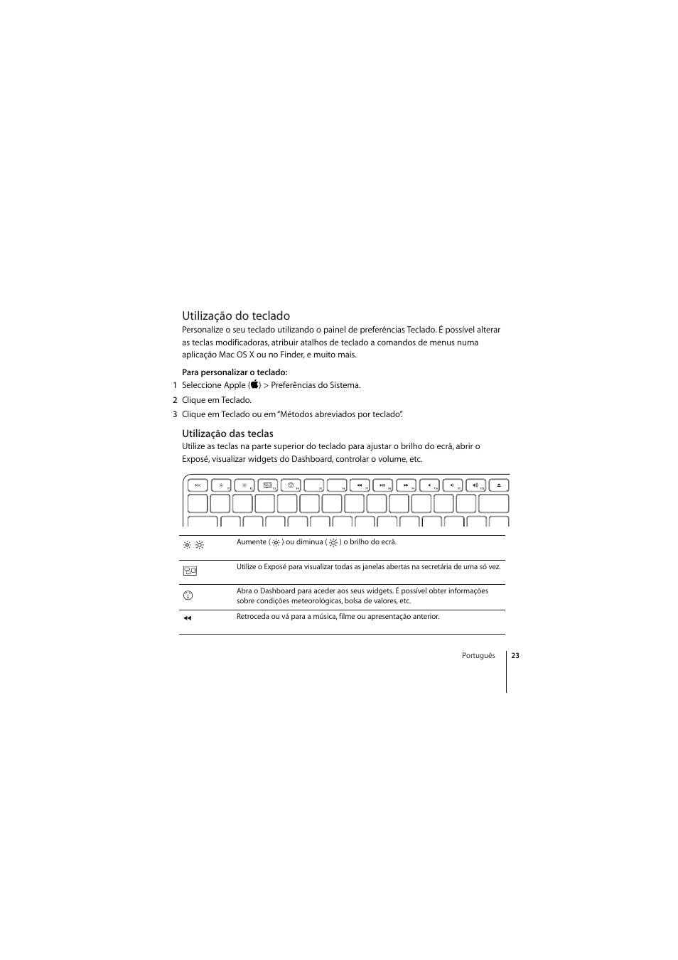 Utilização do teclado, Utilização das teclas | Apple Wireless Keyboard (2009) User Manual | Page 23 / 44