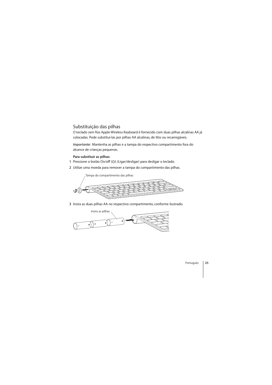 Substituição das pilhas | Apple Wireless Keyboard (2009) User Manual | Page 25 / 44