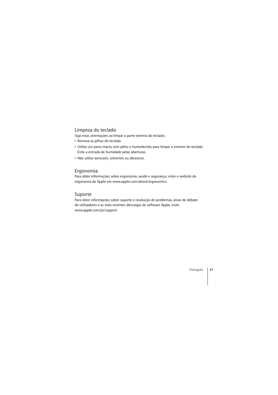 Limpeza do teclado, Ergonomia, Suporte | Apple Wireless Keyboard (2009) User Manual | Page 27 / 44