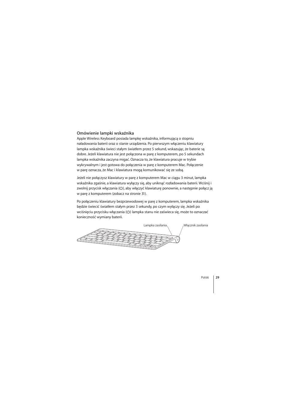 Omówienie lampki wskaźnika | Apple Wireless Keyboard (2009) User Manual | Page 29 / 44