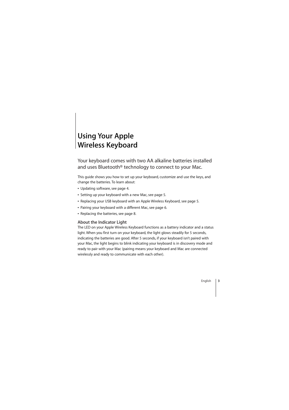 Using your apple wireless keyboard, About the indicator light | Apple Wireless Keyboard (2009) User Manual | Page 3 / 44