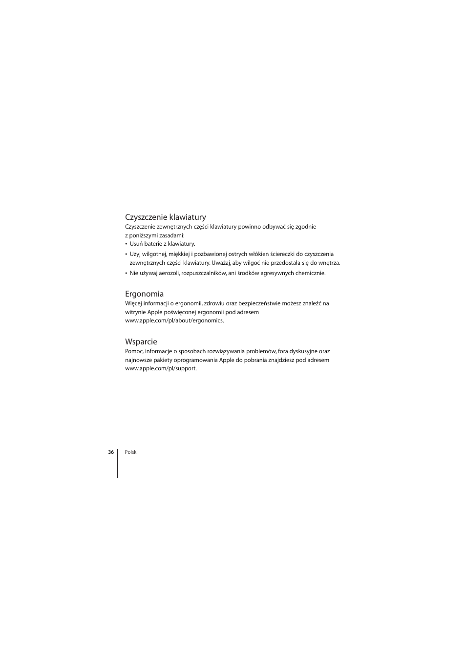 Czyszczenie klawiatury, Ergonomia, Wsparcie | Apple Wireless Keyboard (2009) User Manual | Page 36 / 44