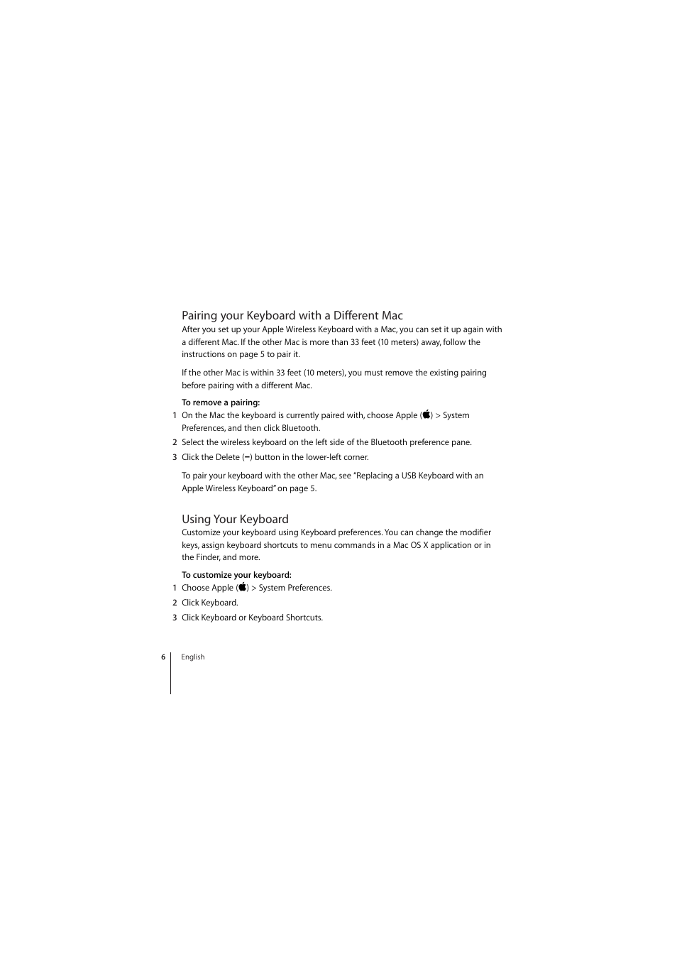 Pairing your keyboard with a different mac, Using your keyboard | Apple Wireless Keyboard (2009) User Manual | Page 6 / 44