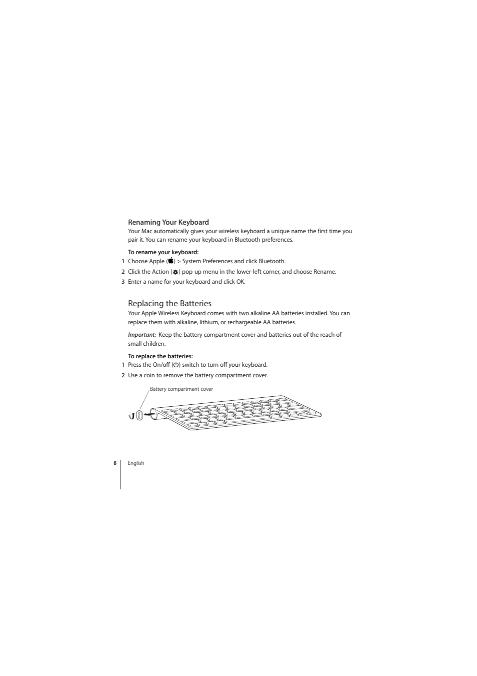 Renaming your keyboard, Replacing the batteries | Apple Wireless Keyboard (2009) User Manual | Page 8 / 44