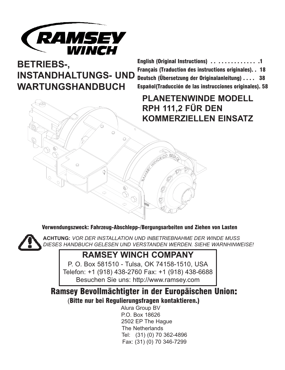 Rph111,2 de 1211, Betriebs-, instandhaltungs- und wartungshandbuch, Ramsey winch company | Ramsey bevollmächtigter in der europäischen union | Ramsey Winch RPH 111,2 Planetary Industrial User Manual | Page 42 / 81