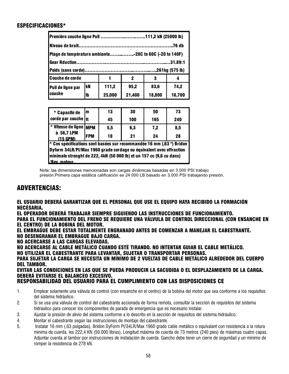 Advertencias | Ramsey Winch RPH 111,2 Planetary Industrial User Manual | Page 64 / 81