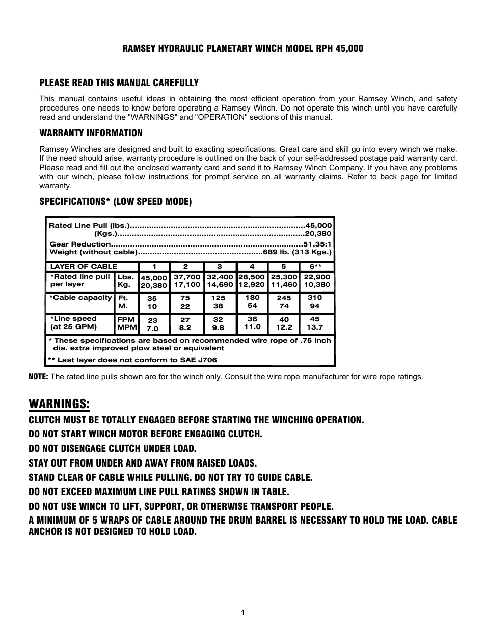 Warnings, Warranty information, Specifications* (low speed mode) | Ramsey Winch RPH 45000 OVERWOUND W/ AIR TENSIONER & 2 SPEED MOTOR User Manual | Page 3 / 20