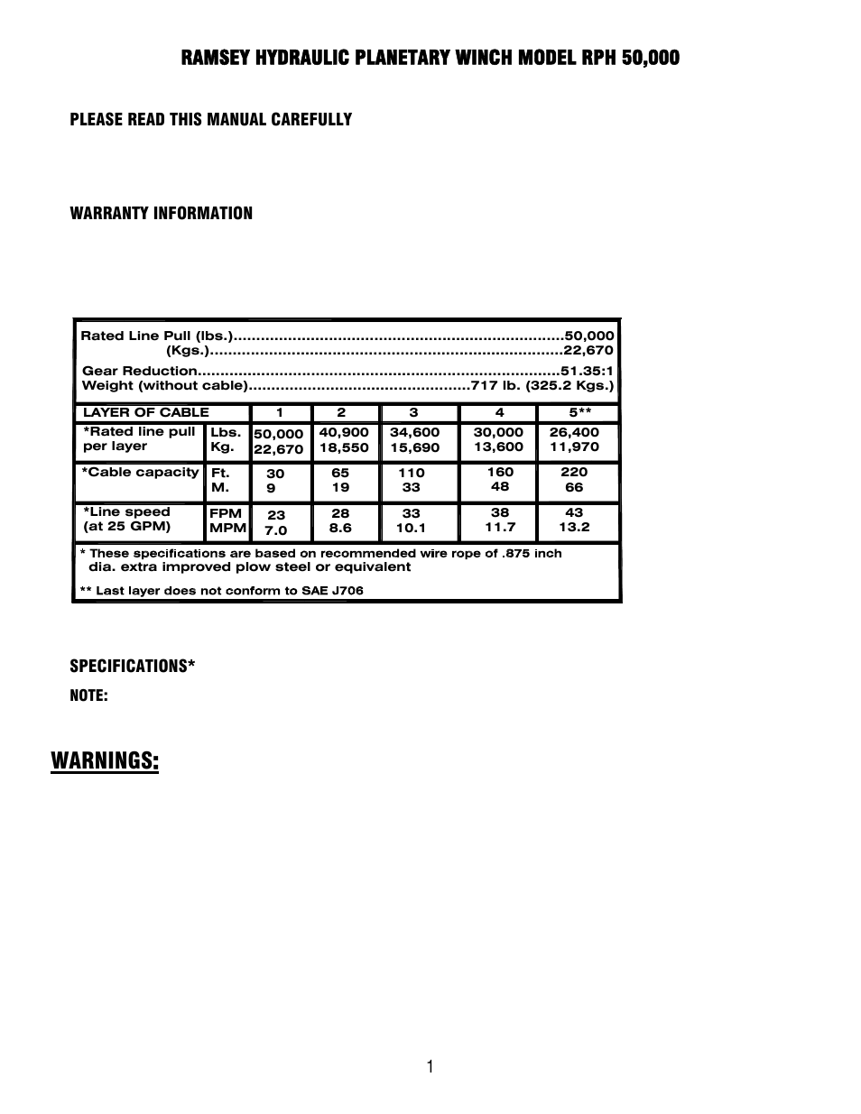 Warnings, Please read this manual carefully, Warranty information | Specifications | Ramsey Winch RPH 50000 UW/TNR & 2 SPEED MOTOR User Manual | Page 3 / 29