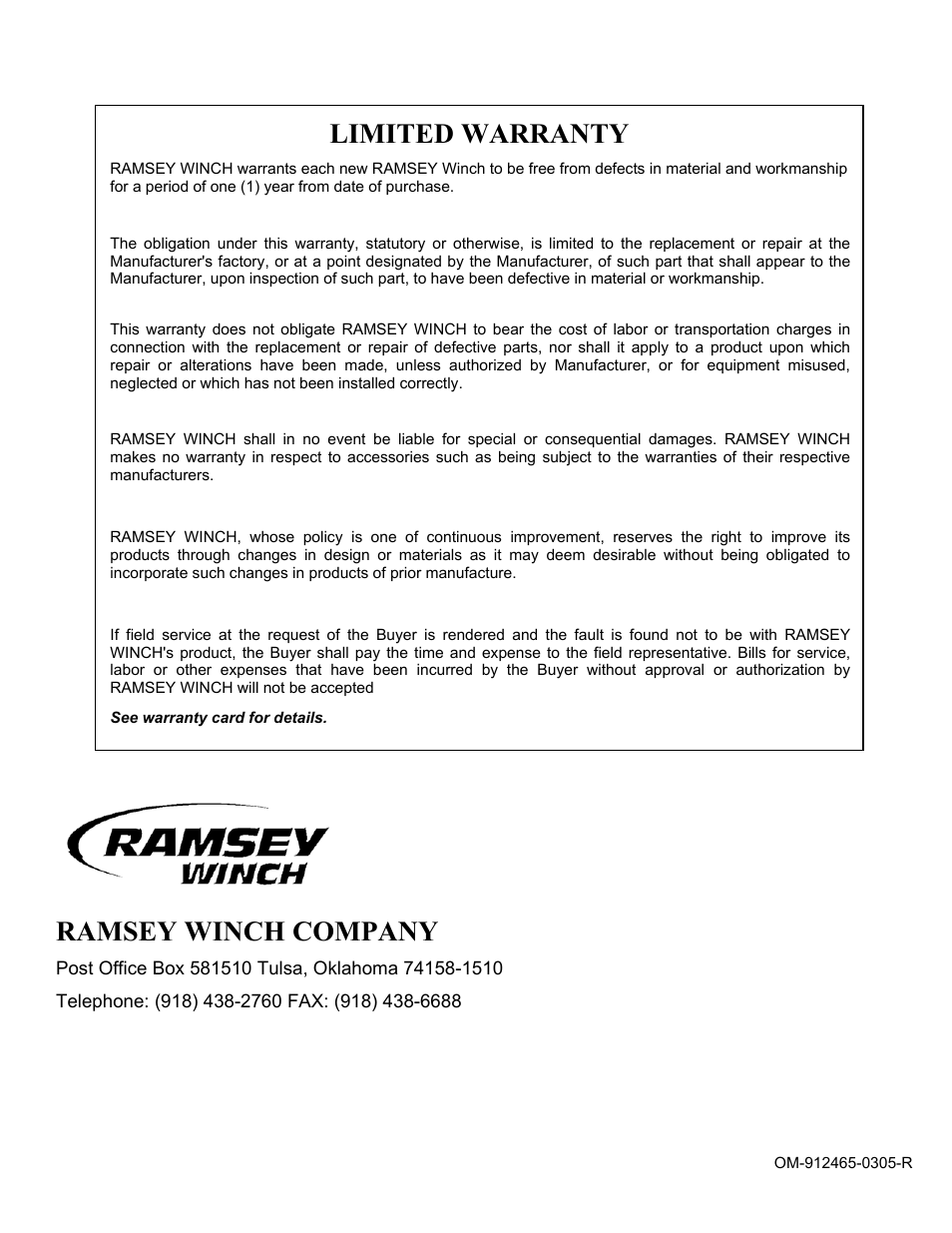 Ramsey winch company, Limited warranty | Ramsey Winch RPH-10000 User Manual | Page 28 / 28