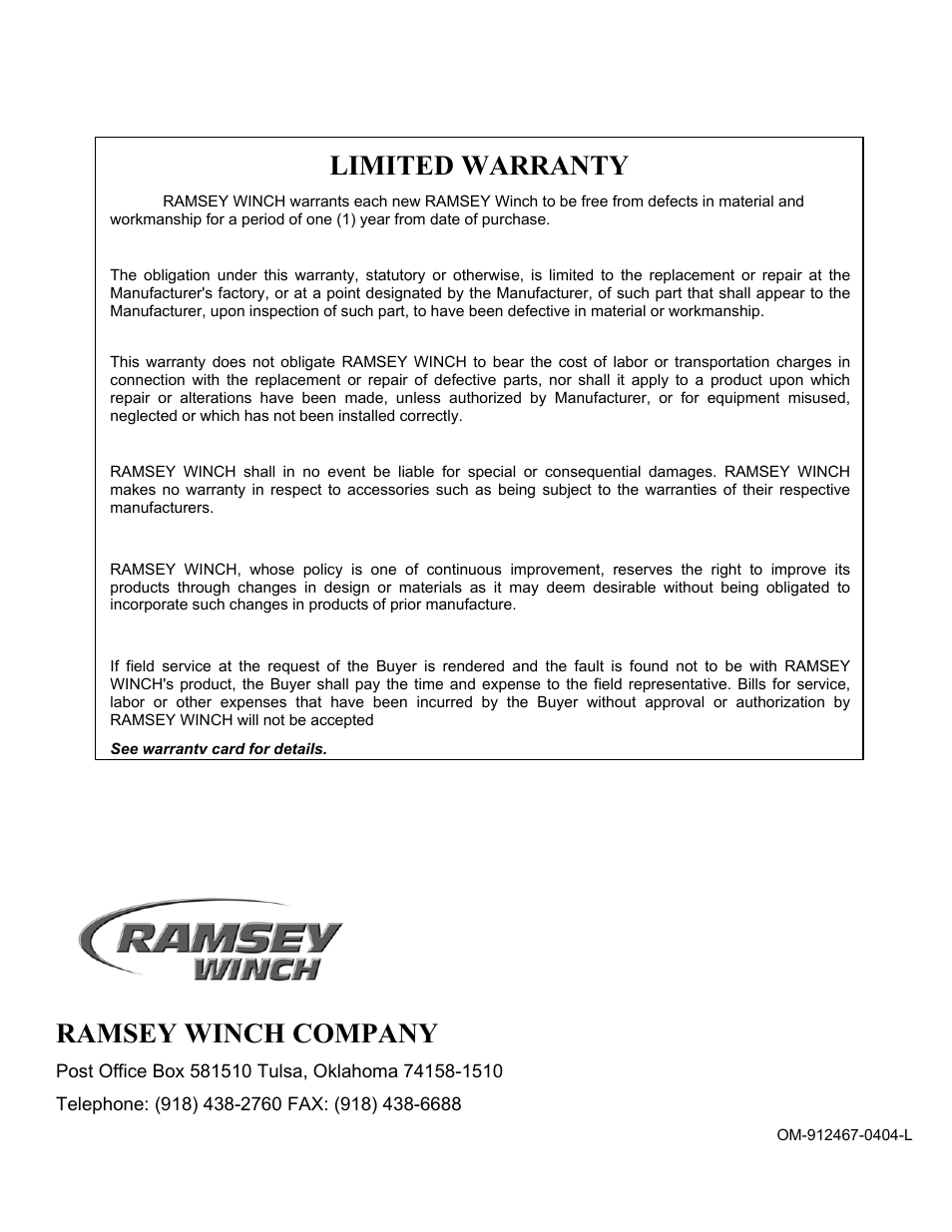 Ramsey winch company, Limited warranty | Ramsey Winch RPH-10000X User Manual | Page 20 / 20