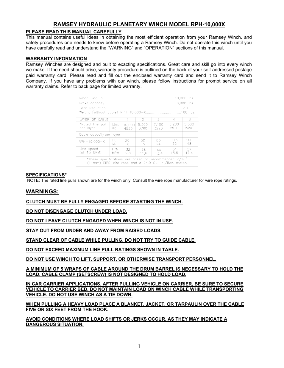 Warnings | Ramsey Winch RPH-10000X User Manual | Page 3 / 20