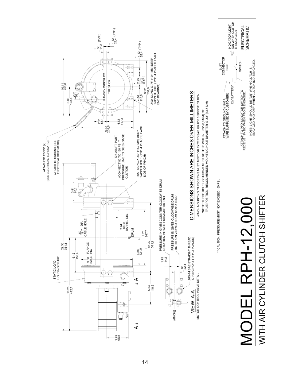 With air cylinder clutch shifter, Vi e w, Dimensions shown are inches over millimeters | Schem a tic electrical | Ramsey Winch RPH-12000 User Manual | Page 16 / 24