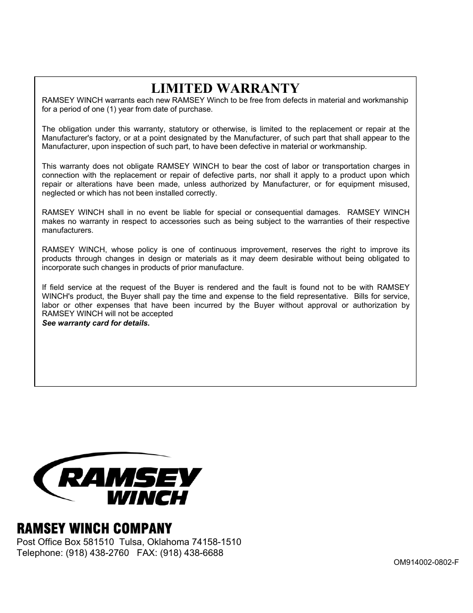 Ramsey winch company, Limited warranty | Ramsey Winch RPH-12000 User Manual | Page 24 / 24