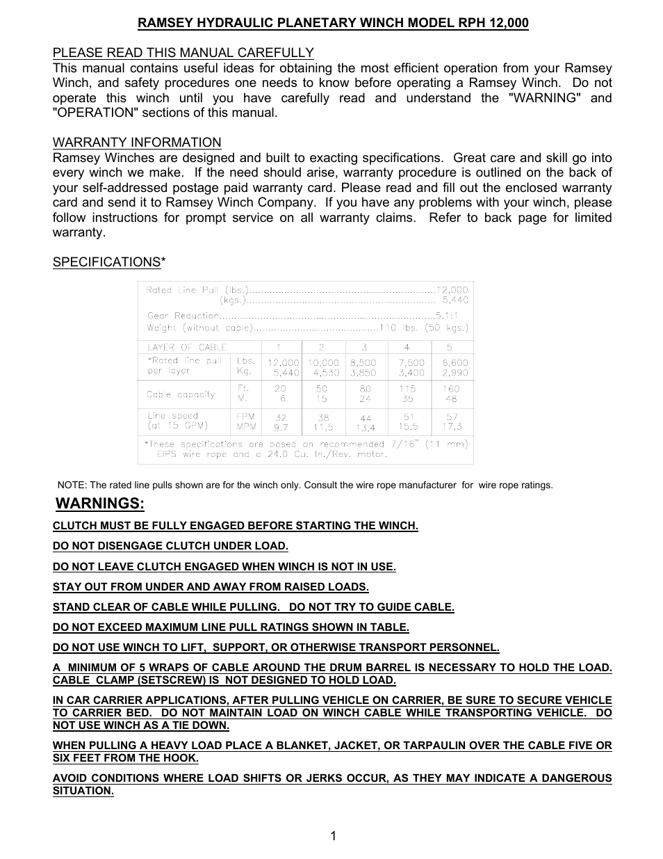 Warnings | Ramsey Winch RPH-12000 User Manual | Page 3 / 24