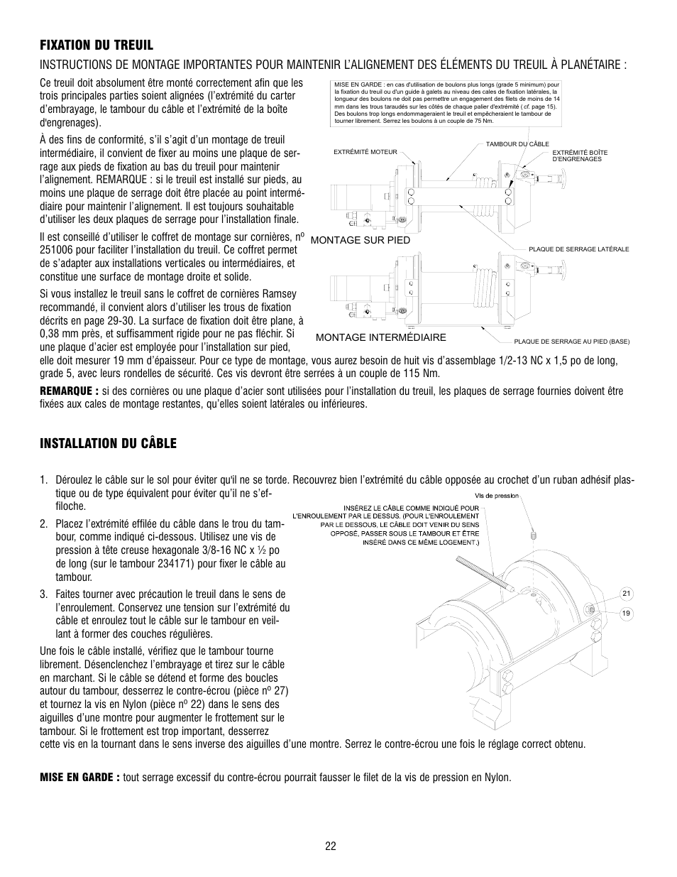 Fixation du treuil, Installation du câble | Ramsey Winch RPH-12000 User Manual | Page 22 / 72