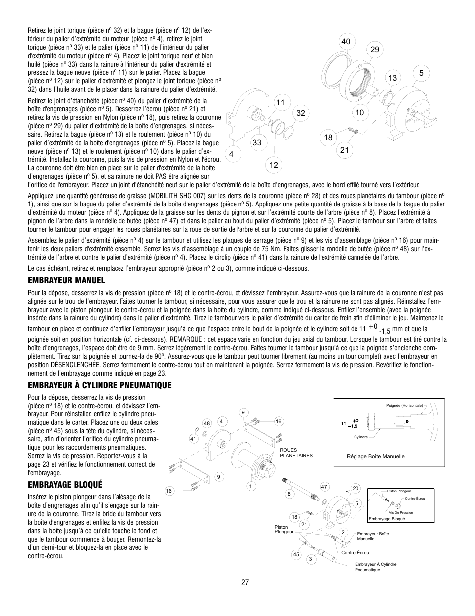 Embrayeur manuel, Embrayeur à cylindre pneumatique, Embrayage bloqué | Ramsey Winch RPH-12000 User Manual | Page 27 / 72